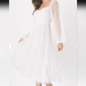 *Lulus Affectionate Aura White Swiss Dot Tiered Bustier Midi Dress